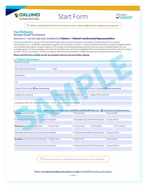 Sample Alnylam Assist® Start Form for OXLUMO™ (lumasiran)